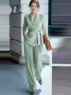 Elegant Wrap Blazer Women 2 Piece Set - Slim Fit Tie Waist Wide Leg Pantsuit - Spring Business Casual 2026