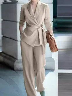 Elegant Wrap Blazer Women 2 Piece Set - Slim Fit Tie Waist Wide Leg Pantsuit - Spring Business Casual 2026