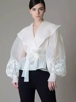 Embroidered Organza Blouses Puff Sleeve Tops For Women - Apricot Boho Tie Waist Sheer Wrap Shirt - Summer Garden Party 2026
