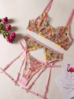 Embroidered See Through Lingerie Pink 4-Piece Adult's Bra Panty Set