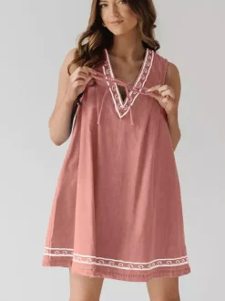 Embroidered Denim Mini Dress For Women - Casual V Neck Tie Front Loose Babydoll Sun Dress With Pockets - Summer Beach Vacation 2026