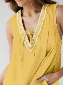 Embroidered Denim Mini Dress For Women - Casual V Neck Tie Front Loose Babydoll Sun Dress With Pockets - Summer Beach Vacation 2026