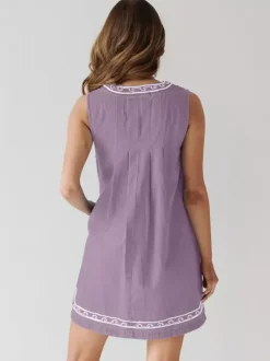 Embroidered Denim Mini Dress For Women - Casual V Neck Tie Front Loose Babydoll Sun Dress With Pockets - Summer Beach Vacation 2026