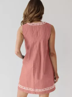 Embroidered Denim Mini Dress For Women - Casual V Neck Tie Front Loose Babydoll Sun Dress With Pockets - Summer Beach Vacation 2026