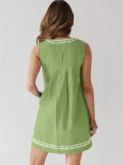 Embroidered Denim Mini Dress For Women - Casual V Neck Tie Front Loose Babydoll Sun Dress With Pockets - Summer Beach Vacation 2026