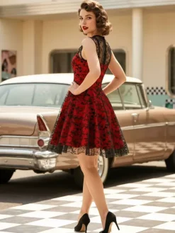 Embroidered Dress Round Neck Sleeveless Lace Up Retro Glamour Dresses