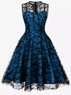 Embroidered Dress Round Neck Sleeveless Lace Up Retro Glamour Dresses