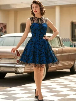 Embroidered Dress Round Neck Sleeveless Lace Up Retro Glamour Dresses
