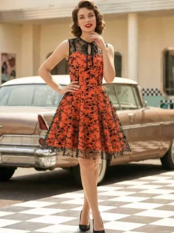 Embroidered Dress Round Neck Sleeveless Lace Up Retro Glamour Dresses