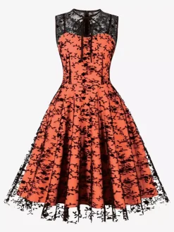 Embroidered Dress Round Neck Sleeveless Lace Up Retro Glamour Dresses