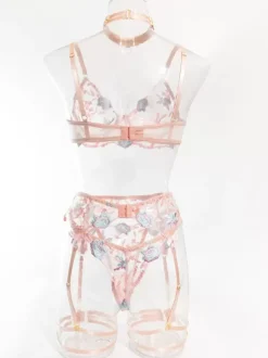 Embroidered Lingerie Sexy Pink 4-Piece Bra Panty Sets With Garter Belt