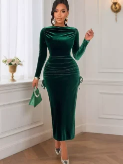Emerald Green Velvet Ruched Long Sleeve Midi Dress For Women 2026