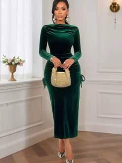Emerald Green Velvet Ruched Long Sleeve Midi Dress For Women 2026