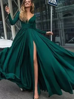Evening Dress 2026 A-Line V-Neck Elastic Silk Like Satin Long Sleeves Pleated Split Front Formal Party Dresses Free Customization