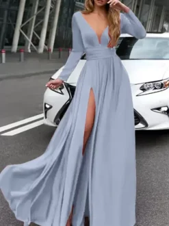 Evening Dress 2026 A-Line V-Neck Elastic Silk Like Satin Long Sleeves Pleated Split Front Formal Party Dresses Free Customization