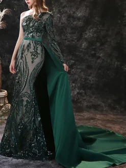 Evening Dress 2026 Mermaid One-Shoulder Long Sleeves Zipper Lace Formal Dinner Prom Party Dresses