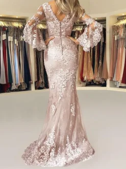 Evening Dress 2026 Mermaid V-Neck Long Sleeves Zipper Lace Satin Formal Dresses Free Customization