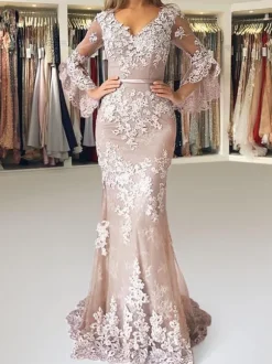 Evening Dress 2026 Mermaid V-Neck Long Sleeves Zipper Lace Satin Formal Dresses Free Customization