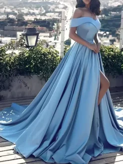 Evening Dress A Line Bateau Neck Satin Fabric Pleated High Split Formal Dinner Dresses With Train