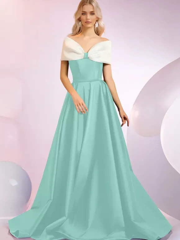 Evening Dress A-Line Designed Neckline Sweep Short Sleeves Zipper Bows Satin Fabric Formal Dinner Dresses