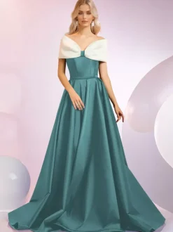 Evening Dress A-Line Designed Neckline Sweep Short Sleeves Zipper Bows Satin Fabric Formal Dinner Dresses