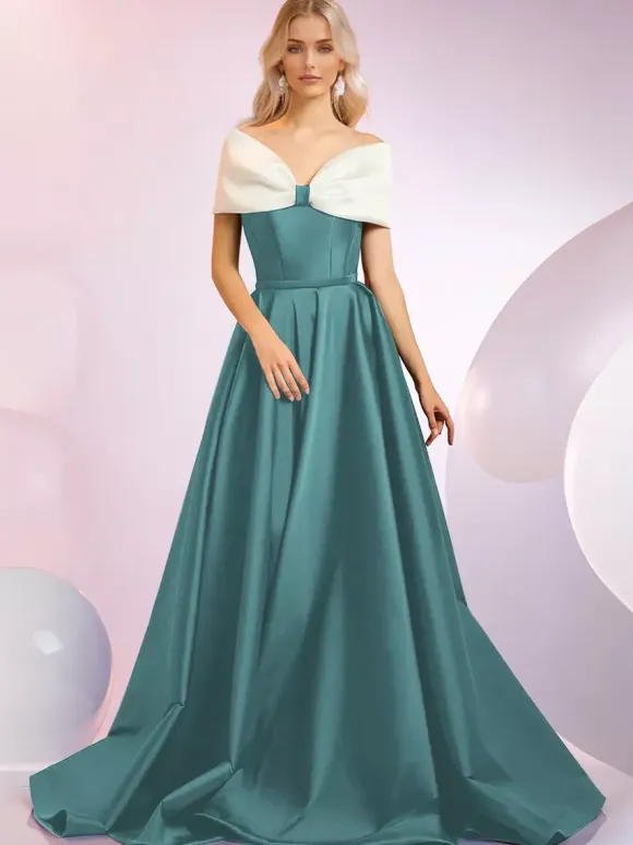 Evening Dress A-Line Designed Neckline Sweep Short Sleeves Zipper Bows Satin Fabric Formal Dinner Dresses