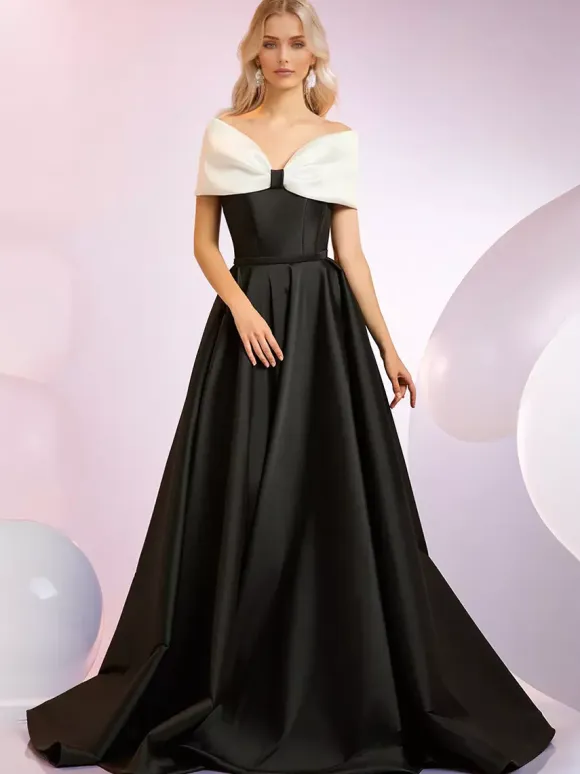 Evening Dress A-Line Designed Neckline Sweep Short Sleeves Zipper Bows Satin Fabric Formal Dinner Dresses
