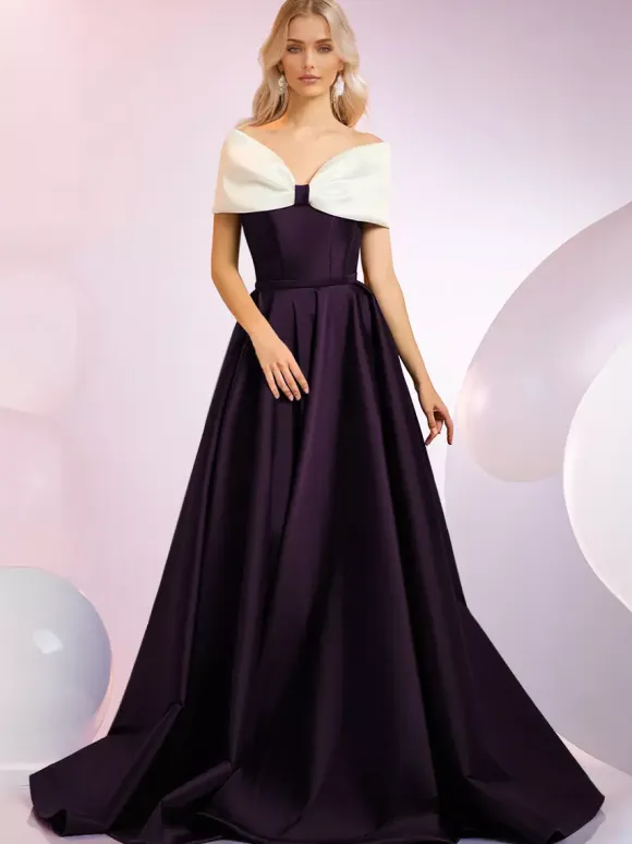 Evening Dress A-Line Designed Neckline Sweep Short Sleeves Zipper Bows Satin Fabric Formal Dinner Dresses
