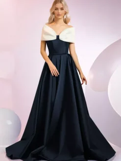Evening Dress A-Line Designed Neckline Sweep Short Sleeves Zipper Bows Satin Fabric Formal Dinner Dresses