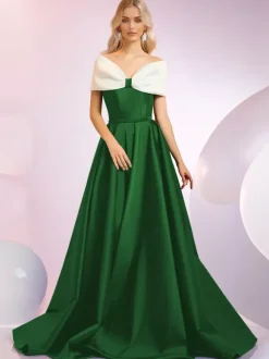 Evening Dress A-Line Designed Neckline Sweep Short Sleeves Zipper Bows Satin Fabric Formal Dinner Dresses