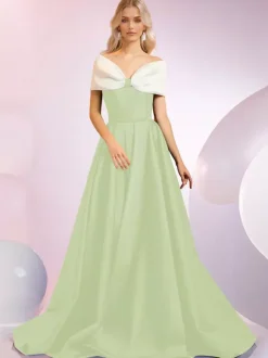 Evening Dress A-Line Designed Neckline Sweep Short Sleeves Zipper Bows Satin Fabric Formal Dinner Dresses