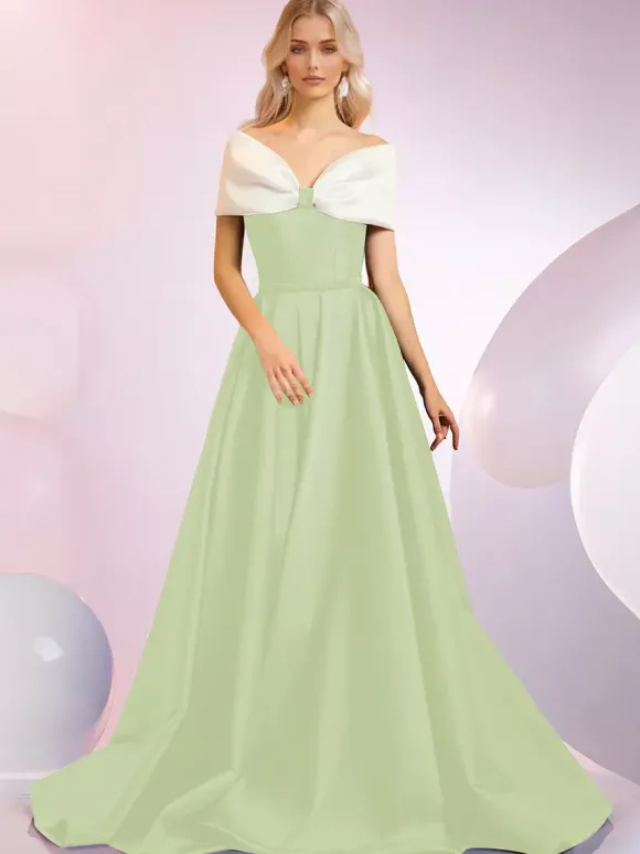 Evening Dress A-Line Designed Neckline Sweep Short Sleeves Zipper Bows Satin Fabric Formal Dinner Dresses