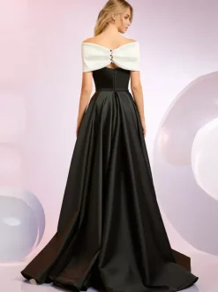 Evening Dress A-Line Designed Neckline Sweep Short Sleeves Zipper Bows Satin Fabric Formal Dinner Dresses