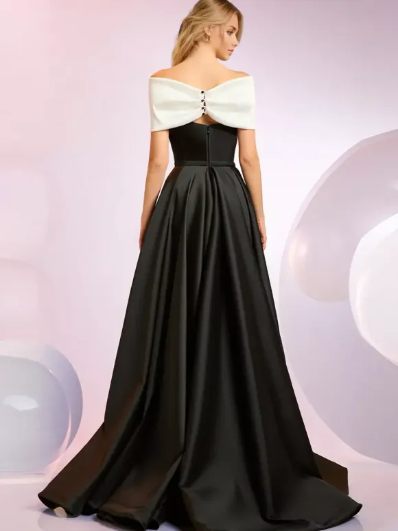 Evening Dress A-Line Designed Neckline Sweep Short Sleeves Zipper Bows Satin Fabric Formal Dinner Dresses
