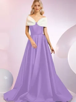 Evening Dress A-Line Designed Neckline Sweep Short Sleeves Zipper Bows Satin Fabric Formal Dinner Dresses