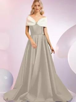 Evening Dress A-Line Designed Neckline Sweep Short Sleeves Zipper Bows Satin Fabric Formal Dinner Dresses