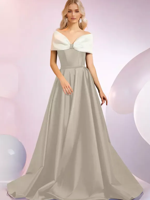 Evening Dress A-Line Designed Neckline Sweep Short Sleeves Zipper Bows Satin Fabric Formal Dinner Dresses