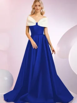 Evening Dress A-Line Designed Neckline Sweep Short Sleeves Zipper Bows Satin Fabric Formal Dinner Dresses
