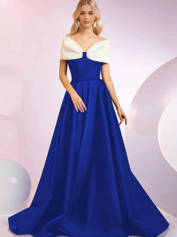 Evening Dress A-Line Designed Neckline Sweep Short Sleeves Zipper Bows Satin Fabric Formal Dinner Dresses