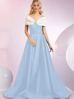 Evening Dress A-Line Designed Neckline Sweep Short Sleeves Zipper Bows Satin Fabric Formal Dinner Dresses