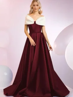 Evening Dress A-Line Designed Neckline Sweep Short Sleeves Zipper Bows Satin Fabric Formal Dinner Dresses