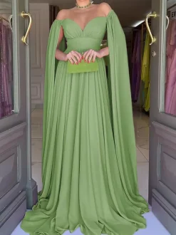 Evening Dress A-Line Sweetheart Neck Chiffon With Train Pleated Social Party Dresses