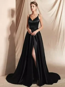Evening Dress A-Line V-Neck Satin Fabric With Train Split Front Social Party Dresses