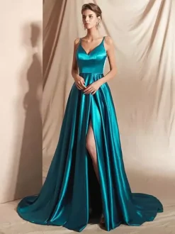 Evening Dress A-Line V-Neck Satin Fabric With Train Split Front Social Party Dresses