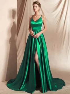 Evening Dress A-Line V-Neck Satin Fabric With Train Split Front Social Party Dresses