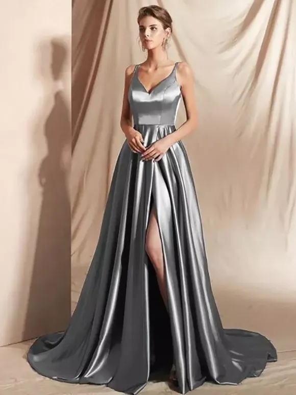 Evening Dress A-Line V-Neck Satin Fabric With Train Split Front Social Party Dresses