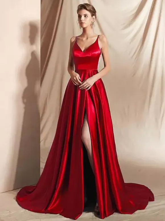 Evening Dress A-Line V-Neck Satin Fabric With Train Split Front Social Party Dresses