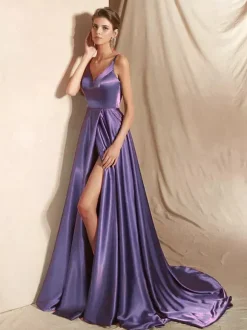 Evening Dress A-Line V-Neck Satin Fabric With Train Split Front Social Party Dresses