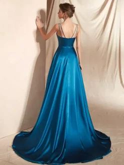 Evening Dress A-Line V-Neck Satin Fabric With Train Split Front Social Party Dresses