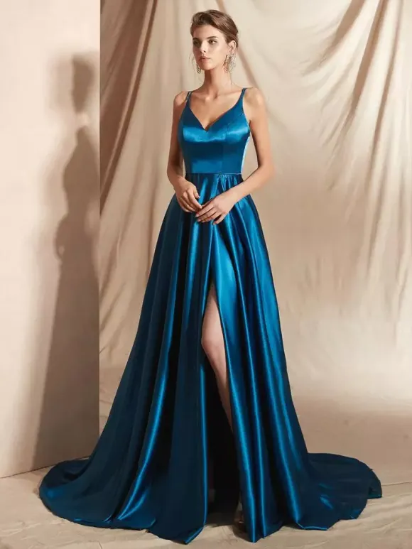 Evening Dress A-Line V-Neck Satin Fabric With Train Split Front Social Party Dresses
